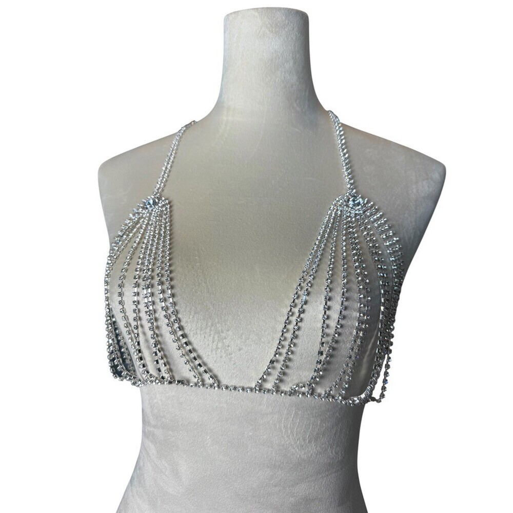 Vintage Y2K Rhinestone Crystal Body Chain Bra Top Crystal Festival Rave Small XS - Picture 3 of 8